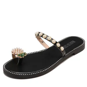 Women's Sandals and Slippers Summer Set of Toe Pineapple Pearl Decoration Low-heeled Flat-bottom Light Lady Wearing