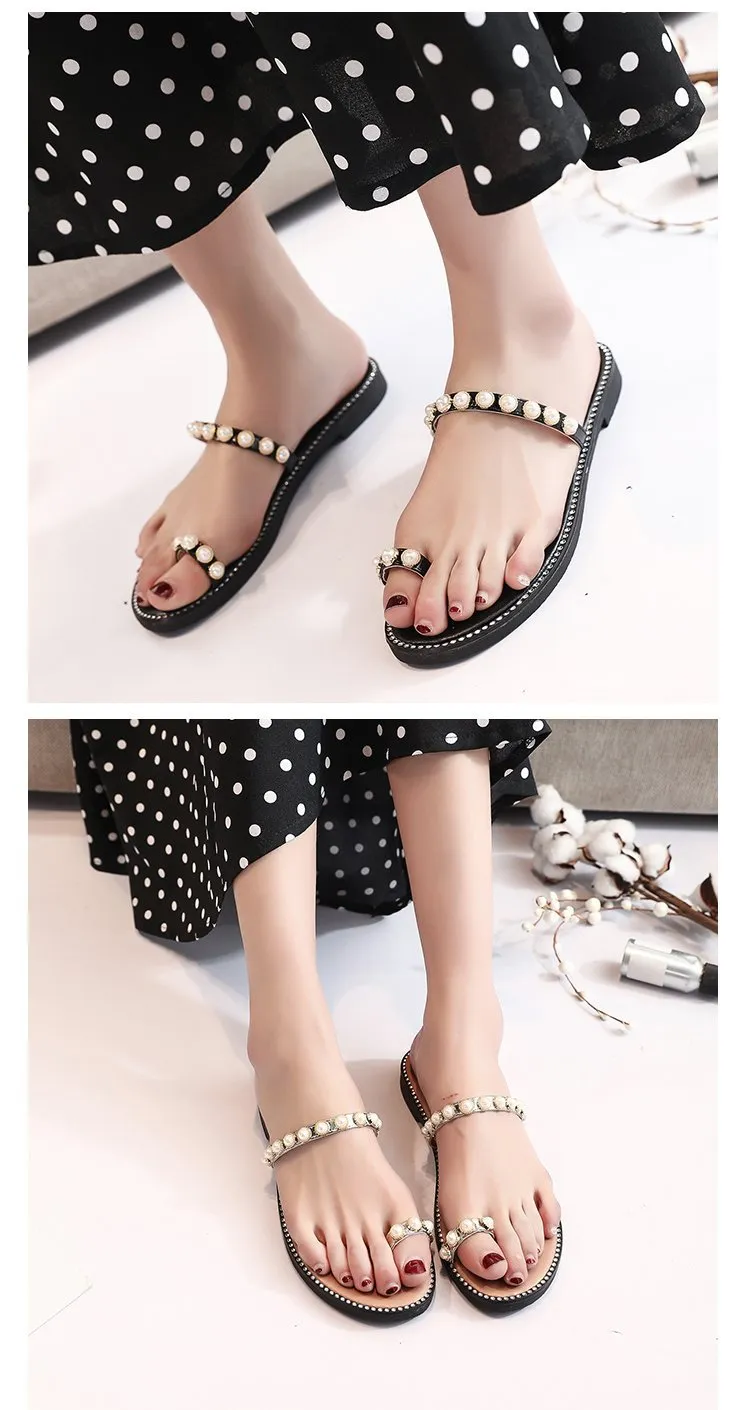 Women's Sandals and Slippers Summer Set of Toe Pineapple Pearl Decoration Low-heeled Flat-bottom Light Lady Wearing