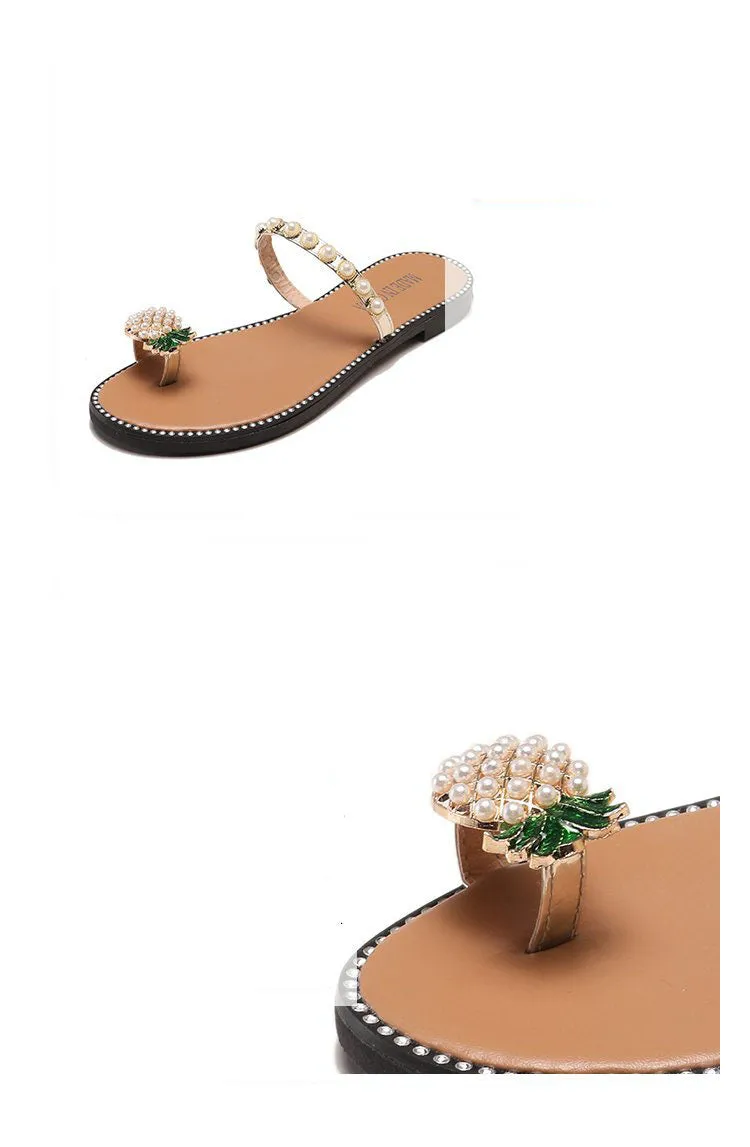 Women's Sandals and Slippers Summer Set of Toe Pineapple Pearl Decoration Low-heeled Flat-bottom Light Lady Wearing