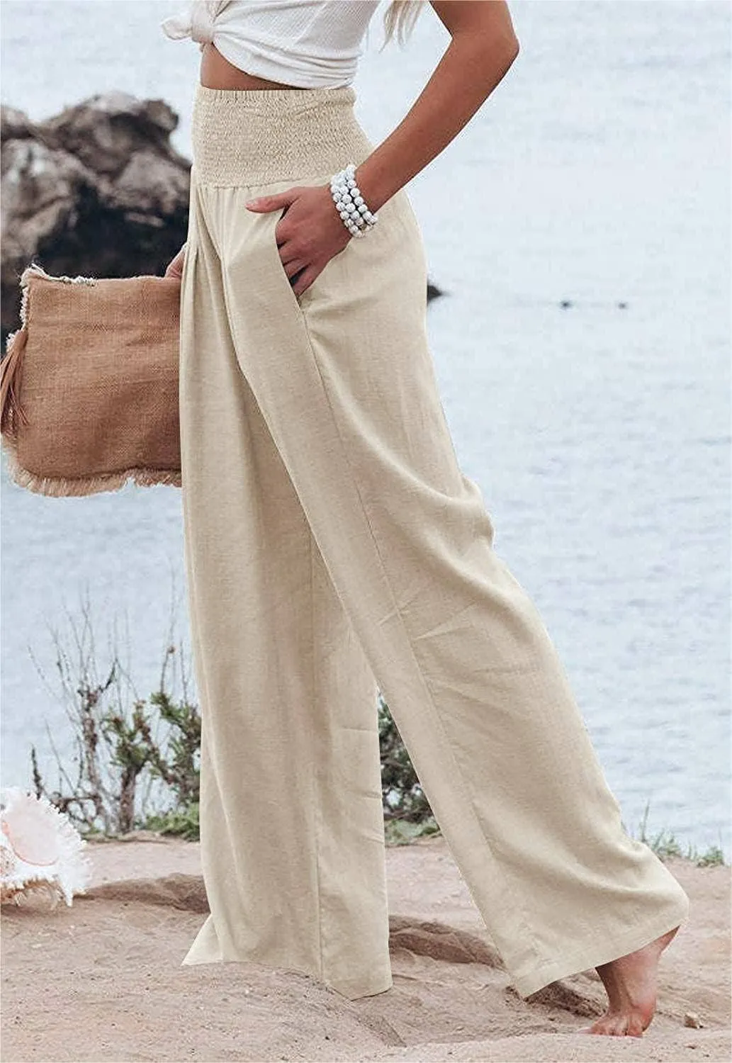 Women's slacks casual wide-legged pants wrap spring trousers: Brown / L