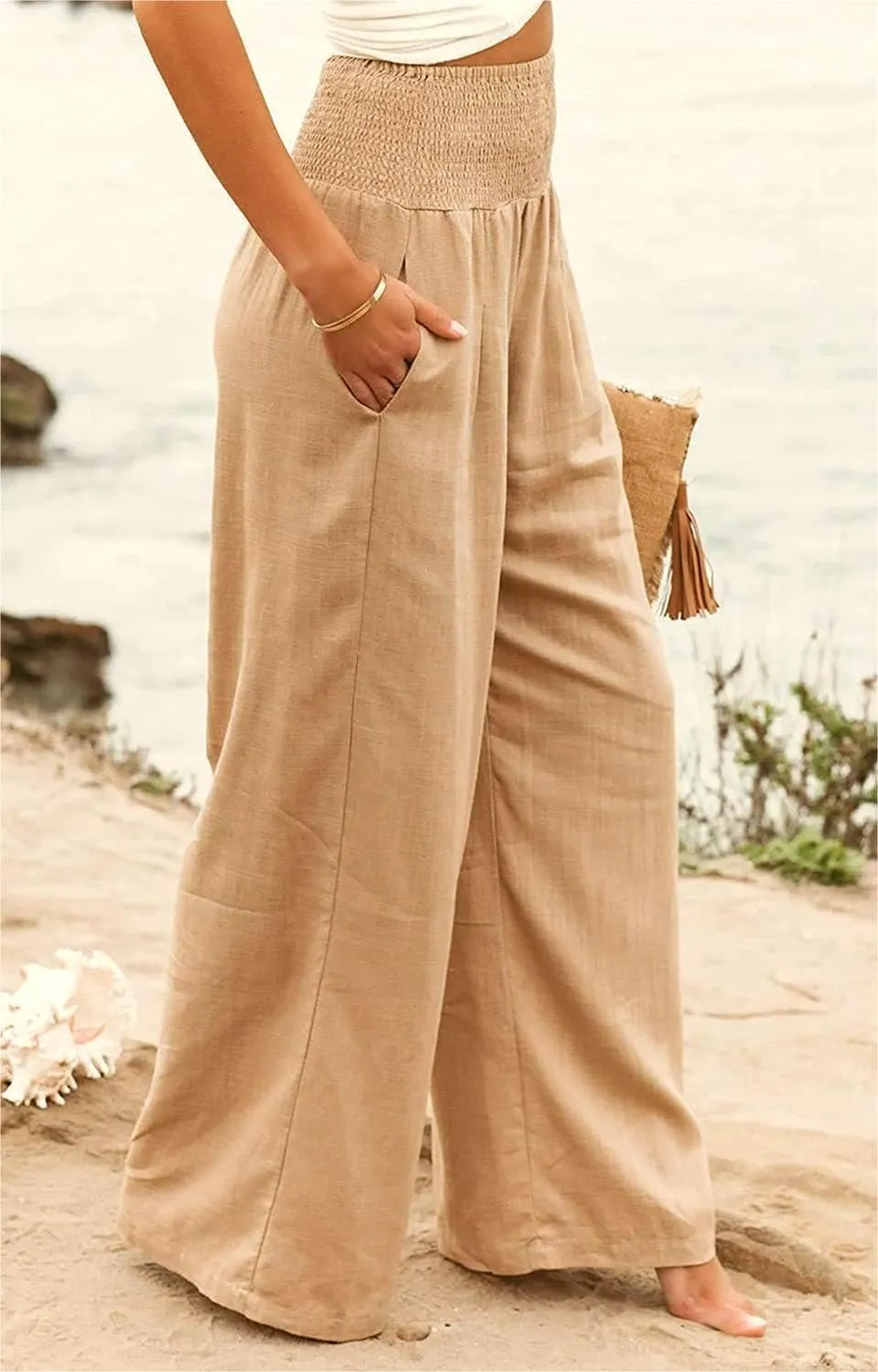 Women's slacks casual wide-legged pants wrap spring trousers: Brown / L