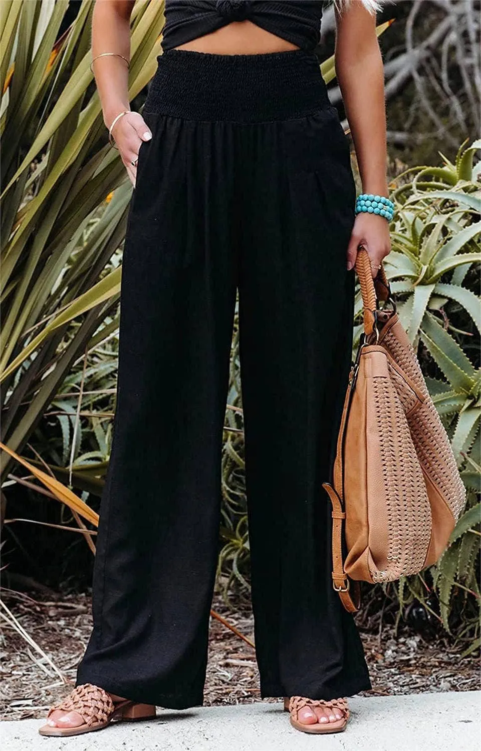 Women's slacks casual wide-legged pants wrap spring trousers: Brown / L