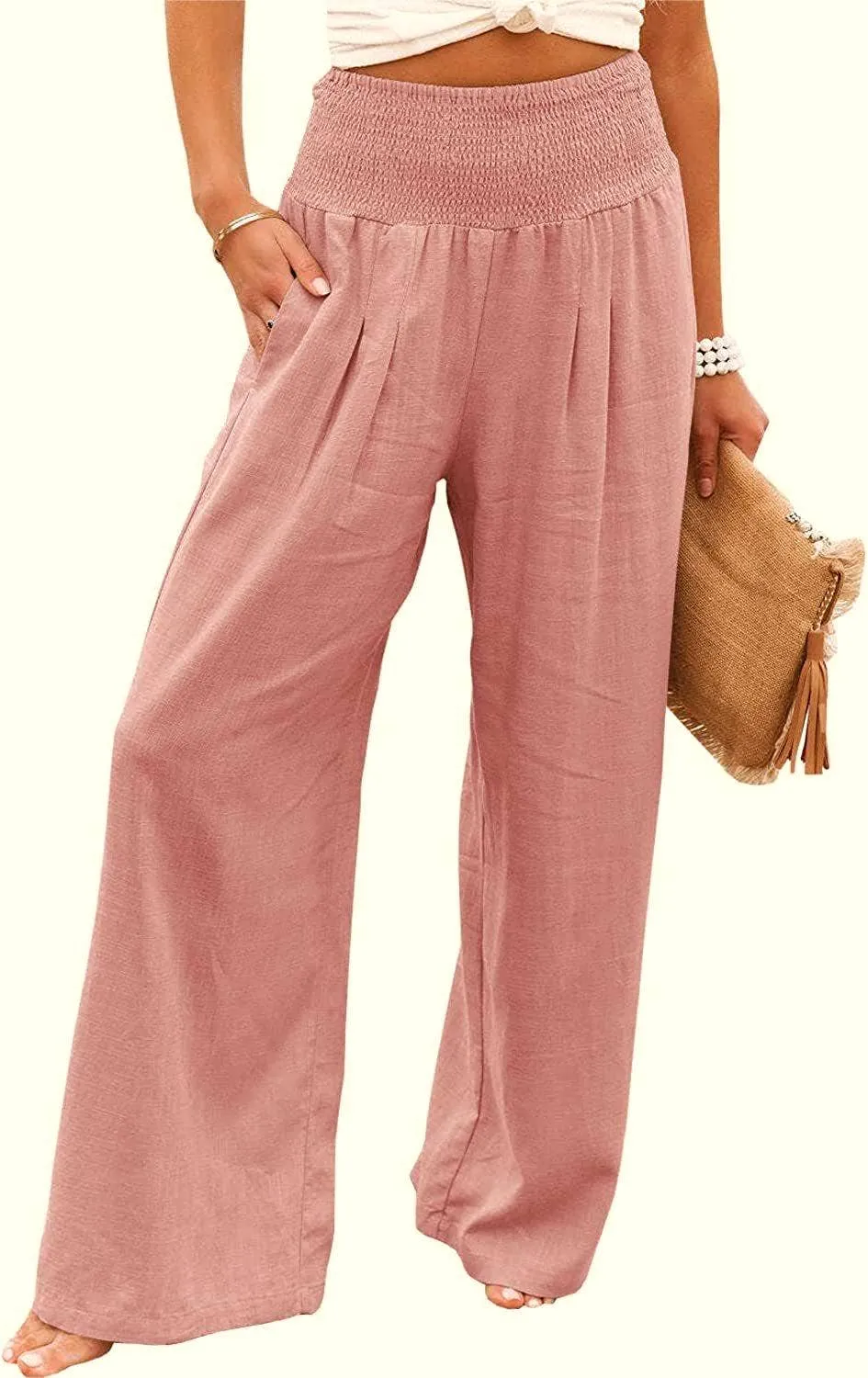 Women's slacks casual wide-legged pants wrap spring trousers: Brown / L
