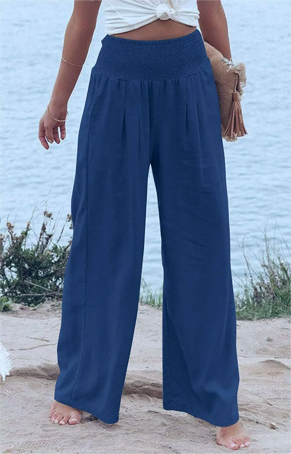 Women's slacks casual wide-legged pants wrap spring trousers: Brown / L