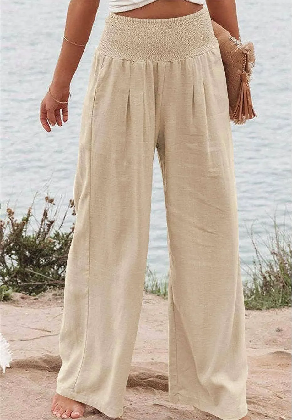 Women's slacks casual wide-legged pants wrap spring trousers: Brown / L