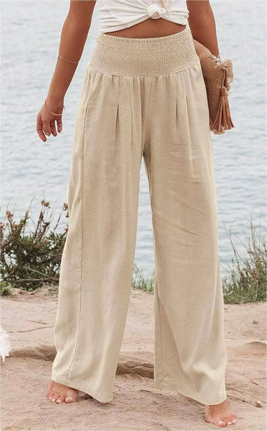 Women's slacks casual wide-legged pants wrap spring trousers: Brown / L
