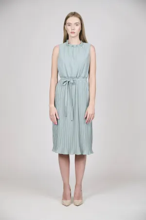 Women's Sleeveless Pleated Midi Dress with Tie Waist