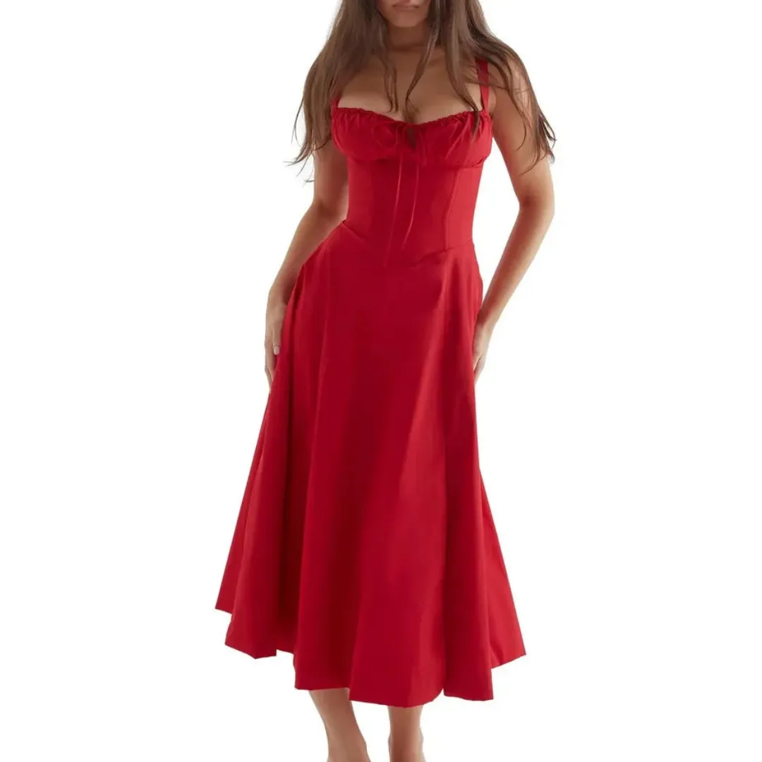 Women's Summer Casual Corset Sweetheart Neckline Dress | Midi