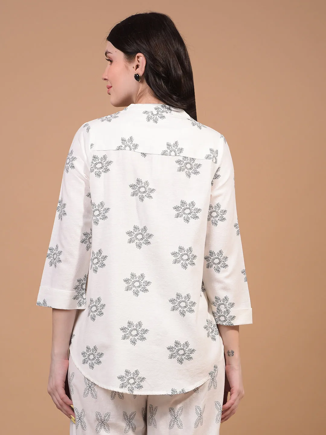 Women's White Floral Print V-Neck Linen Top