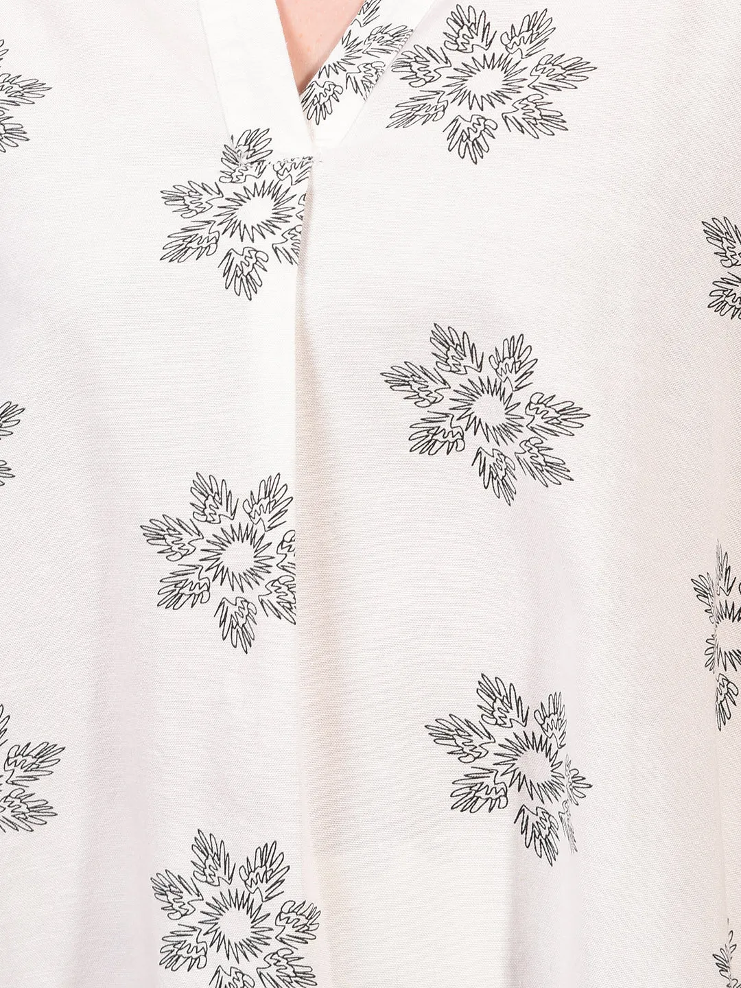 Women's White Floral Print V-Neck Linen Top