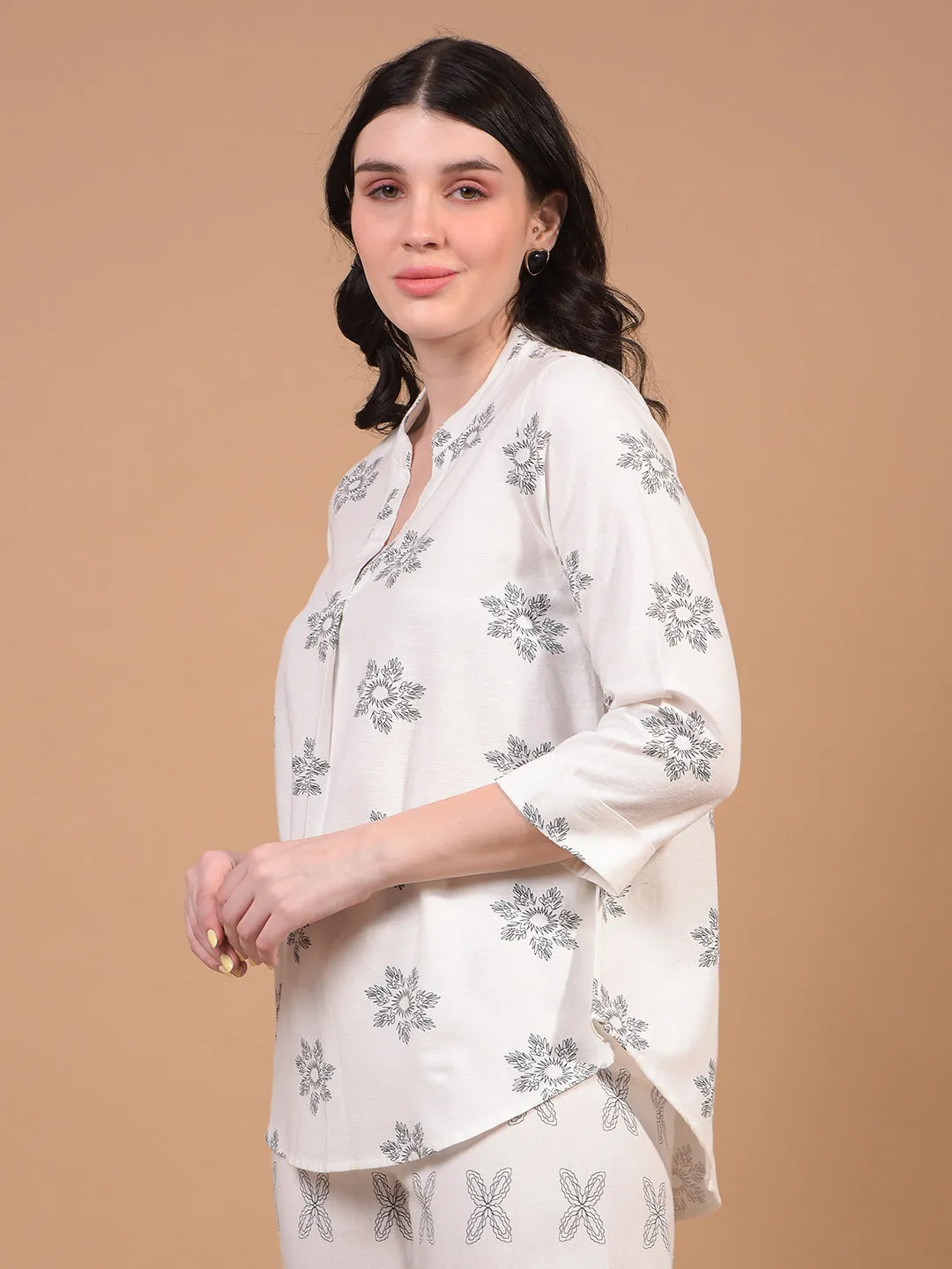 Women's White Floral Print V-Neck Linen Top