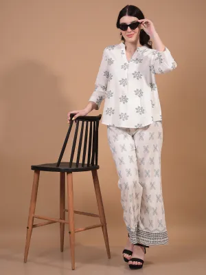 Women's White Floral Print V-Neck Linen Top