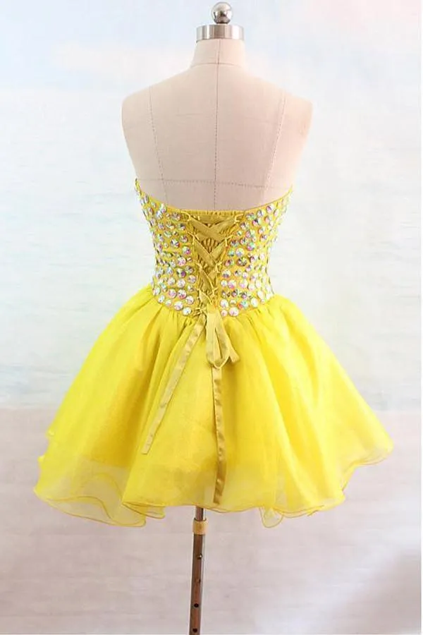 Yellow Strapless Beaded Sweetheart Lace Up Back A-line Graduation Party Short Homecoming Dresses Formal Evening Party Dresses, QB0828