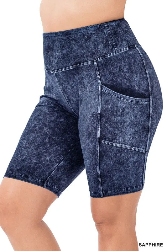 ZENANA Plus Mineral Wash Wide Waistband Pocket Leggings