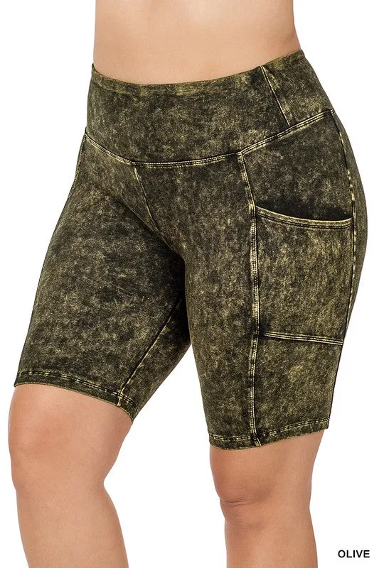 ZENANA Plus Mineral Wash Wide Waistband Pocket Leggings