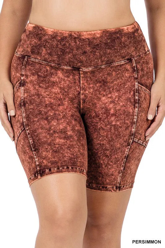 ZENANA Plus Mineral Wash Wide Waistband Pocket Leggings