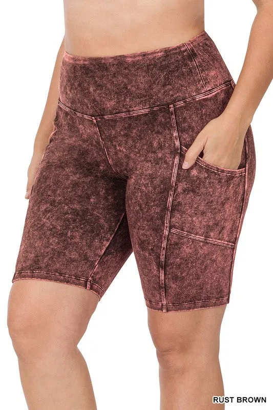 ZENANA Plus Mineral Wash Wide Waistband Pocket Leggings
