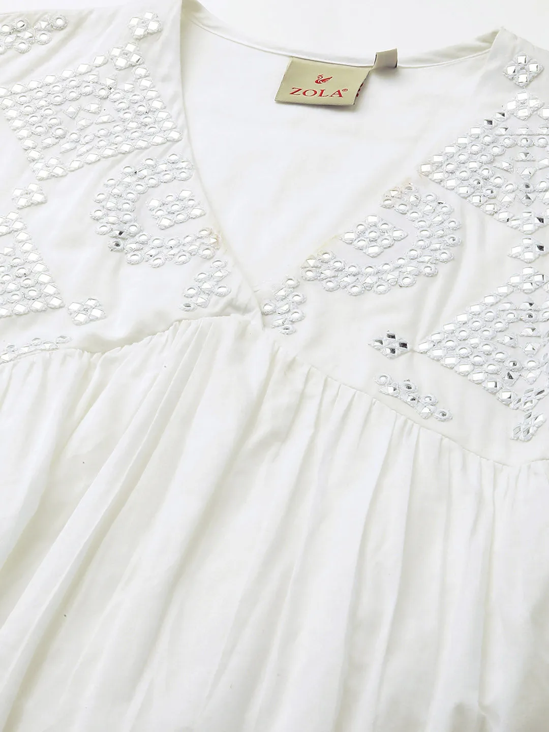 ZOLA V-Neck Cotton Solid Tiered Calf Length Bell Sleeves White Flared Dresses For Women