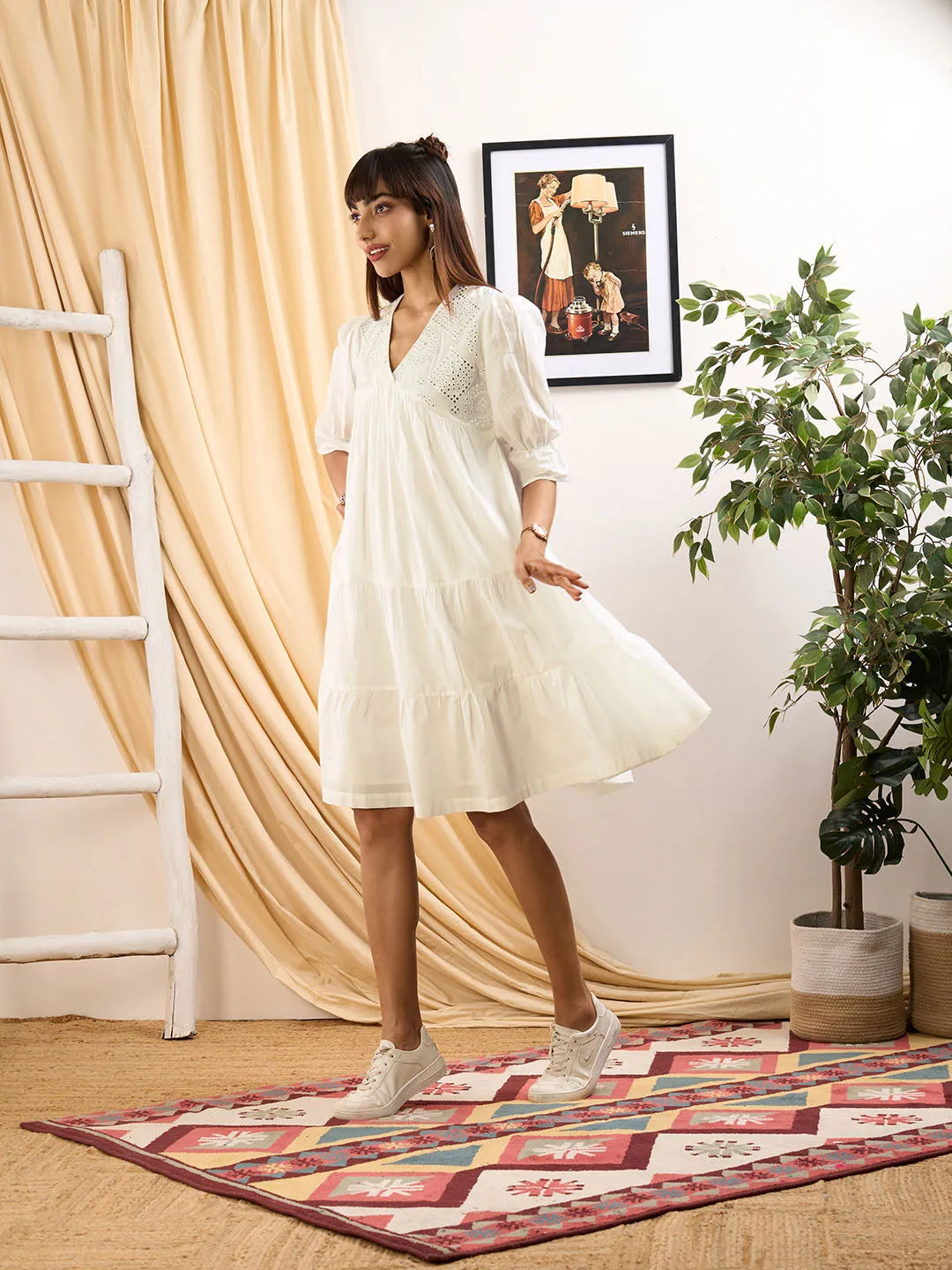 ZOLA V-Neck Cotton Solid Tiered Calf Length Bell Sleeves White Flared Dresses For Women